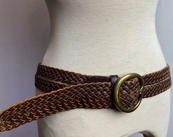 90’s Linea Pelle double wide braided belt dark brown woven boho style 1990s trend large round brass buckle/size M-L open