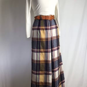 60’s 70’s flannel plaid maxi skirt~ culottes style skirt~ Aline long~ purples yellow multi colorful block plaid~ size 25” waist XSM