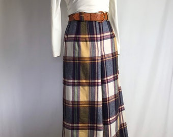 60’s 70’s flannel plaid maxi skirt~ culottes style skirt~ Aline long~ purples yellow multi colorful block plaid~ size 25” waist XSM