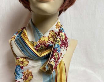 60’s beautiful all silk ~ extra long scarf sky blue & yellow stripes floral pattern vintage silky necktie hair wrap~ women’s scarves