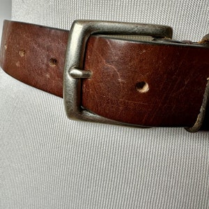 90s wide brown leather belt with silver tone square buckle rustic rocker style unisex androgynous hipster belts size Large 3438 image 4