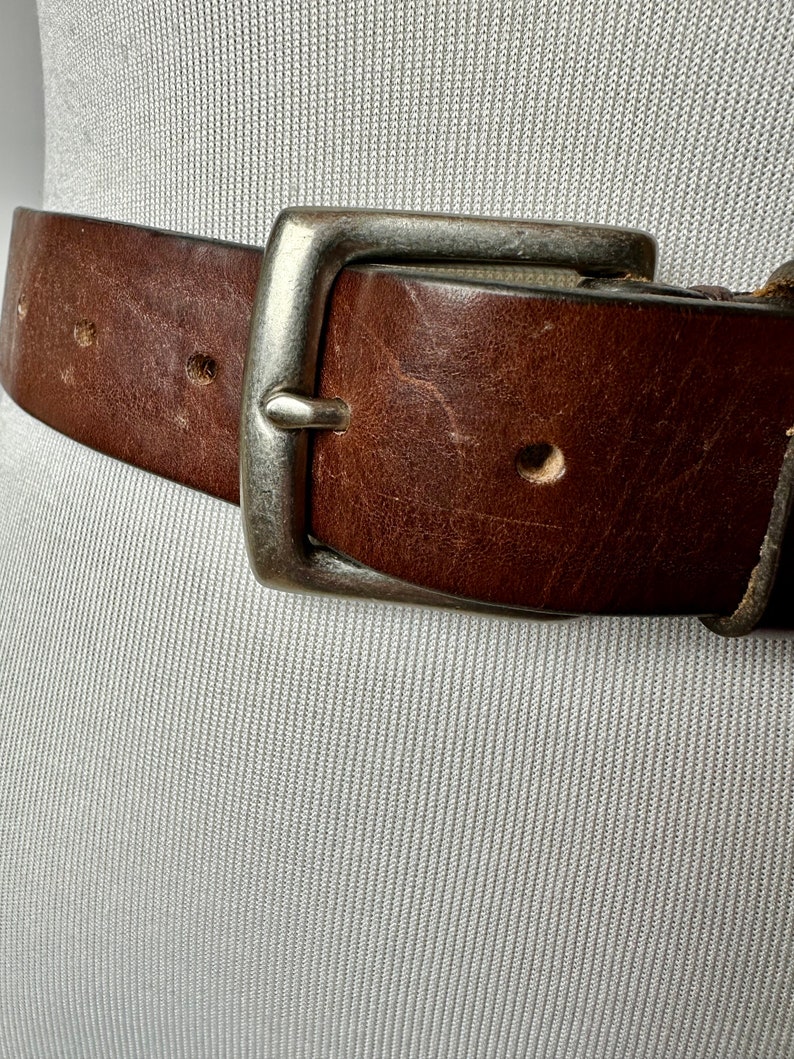 90s wide brown leather belt with silver tone square buckle rustic rocker style unisex androgynous hipster belts size Large 3438 image 4