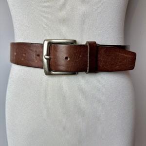 90s wide brown leather belt with silver tone square buckle rustic rocker style unisex androgynous hipster belts size Large 3438 image 5