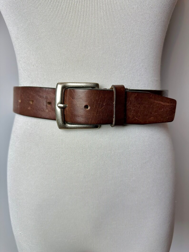 90s wide brown leather belt with silver tone square buckle rustic rocker style unisex androgynous hipster belts size Large 3438 image 5