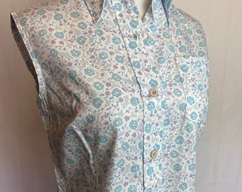 60’s dress~ baby blue micro floral flower power preppy sleeveless button down shirt dresses~ calico size Small