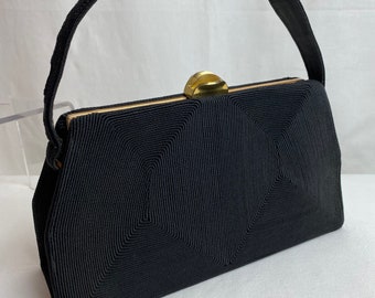 Vintage 40’s 50’s black purse soutache / cord handbag Pinup style MCM stylish little box purse cloth top handle size Medium