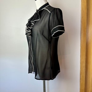 90s Y2K Black sheer blouse tuxedo bib front high neck puff sleeves black & white shirt / peekaboo top size Med image 5