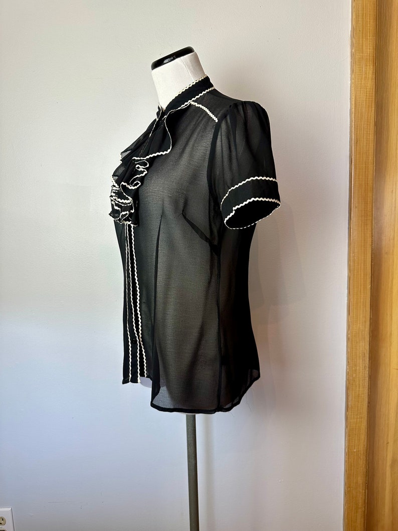 90s Y2K Black sheer blouse tuxedo bib front high neck puff sleeves black & white shirt / peekaboo top size Med image 5