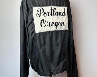 1960s Racer Jacket: Vintage Black & White Portland Oregon Windbreaker (L)