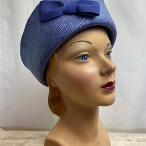Vintage sailor inspired hat Tall viscose woven straw jute women’s boater periwinkle blue summer sailing hat 80’s Laura Ashley nautical bow