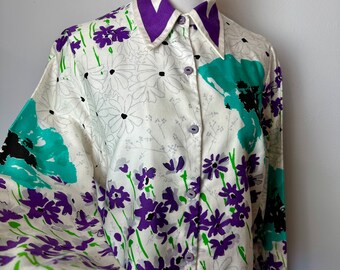 Beautiful 70’s Vera brand floral blouse~ purple & teal blue ~ Spring time bold flower print ~ vintage Vera design/ long sleeves/ size Med