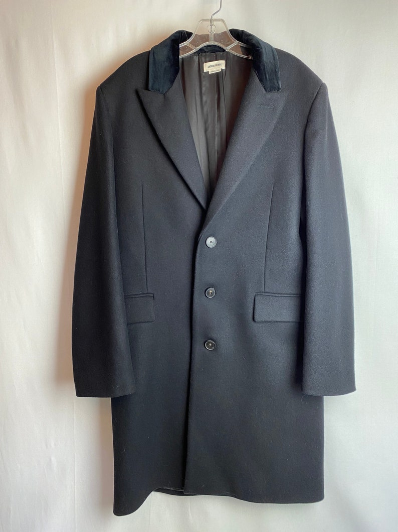 Mens Black overcoat Dress jacket long wool jacket velvet collar Zadig & Voltaire size 46 XLG image 3