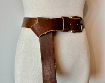 Brown wide leather belt with extra tongue Made in Italy~ distressed rustic supple leather brass buckle artisan style size Large/ XLG unisex