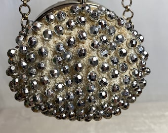 Vintage silver beaded crocheted wristlet Mini handbag ~ shiny silver bobbles~ silver chain small sparkly compact round