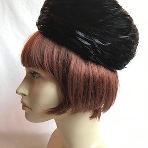 60’s sleek black feather pillbox Mod hat~ special occasion Jackie O big button top~ swirling pheasant feathery shiny birds nest hats