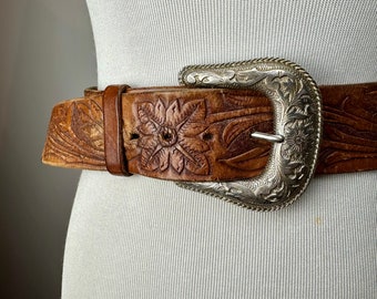 Vintage Unique boho tooled leather belt~ wide with carved silver tone large buckle~ distressed western charm /snap on-off /size 33”-36” M/L