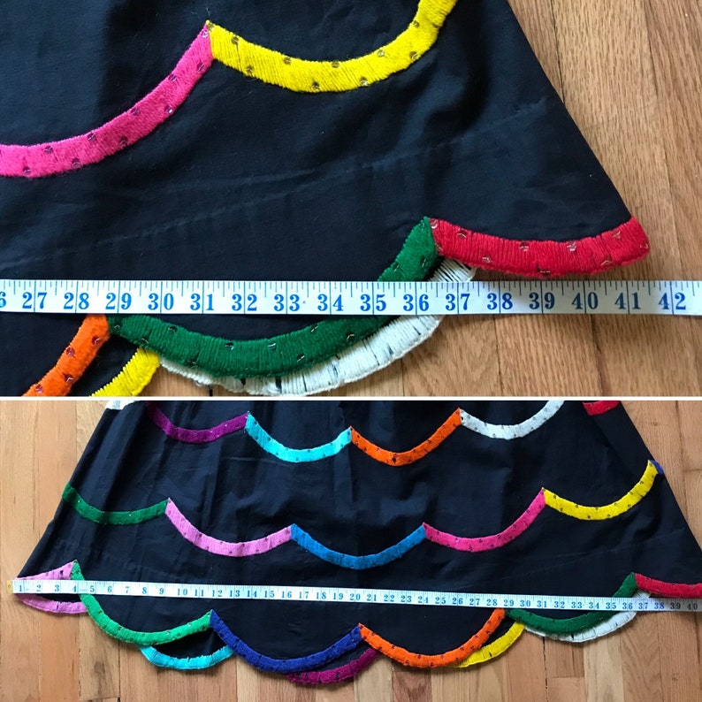 50s cotton patio skirt fit & flare pinup rockabilly Rainbow embroidery embroidered colorful black Teresa Original Taxco 26 waist image 10