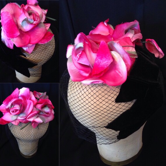 50’s fascinator Silk Velvet Magenta Rose Floral Ne