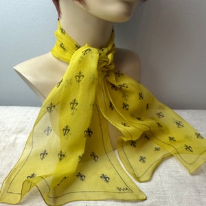 Vera 100% crepe silk scarf/ Fleur-des-lis print/yellow & black sheer long thin neck scarves head scarf neckerchief image 1