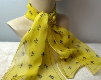 Vera 100% crepe silk scarf/ Fleur-des-lis print/yellow & black sheer long thin neck scarves head scarf neckerchief