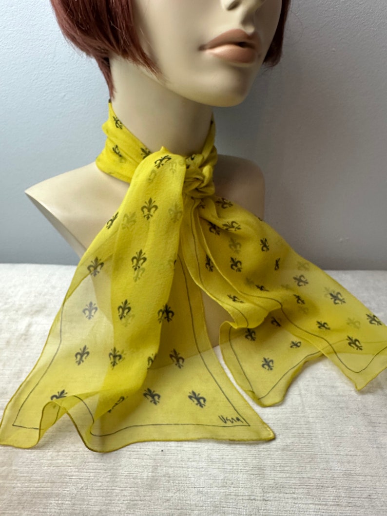 Vera 100% crepe silk scarf/ Fleur-des-lis print/yellow & black sheer long thin neck scarves head scarf neckerchief image 1