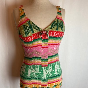 60s 70s boho hippie swimsuit one piece Sexy jersey knit pink & green print bathing suit groovy retro pattern size 6ish Medium image 1