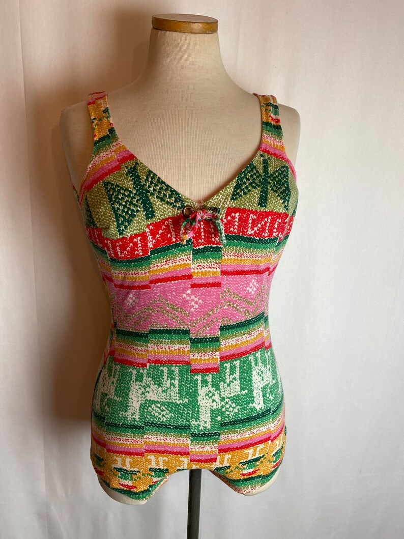 60s 70s boho hippie swimsuit one piece Sexy jersey knit pink & green print bathing suit groovy retro pattern size 6ish Medium image 1
