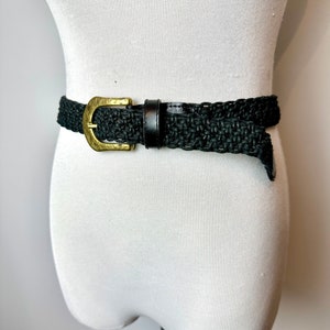 Vtg 90s black braided woven belt bright gold glossy hammered buckle leather & cotton Boho style/ open size up to 31 waist image 4