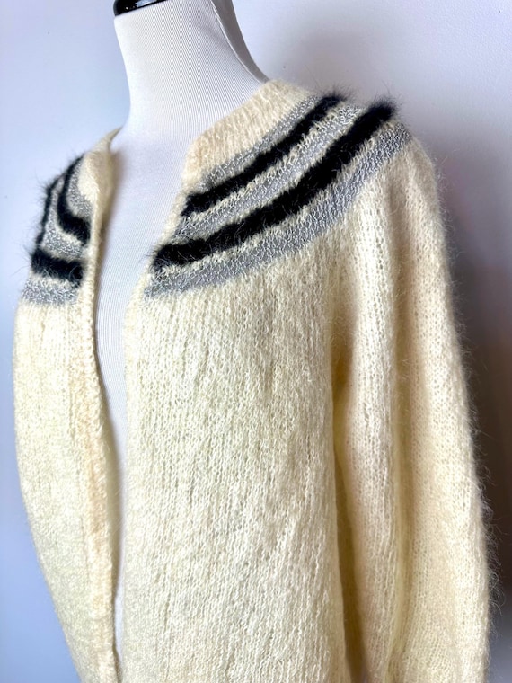 60s Mohair Cardigan: Angora Stripe, Open Front, Retro Mod Style