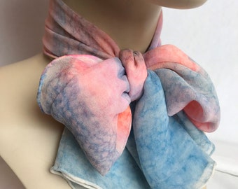 Vintage silk scarf~ ombré pastel cotton candy sheer crepe pink lavender long neckerchief pussycat bow neck scarf hair band long thin