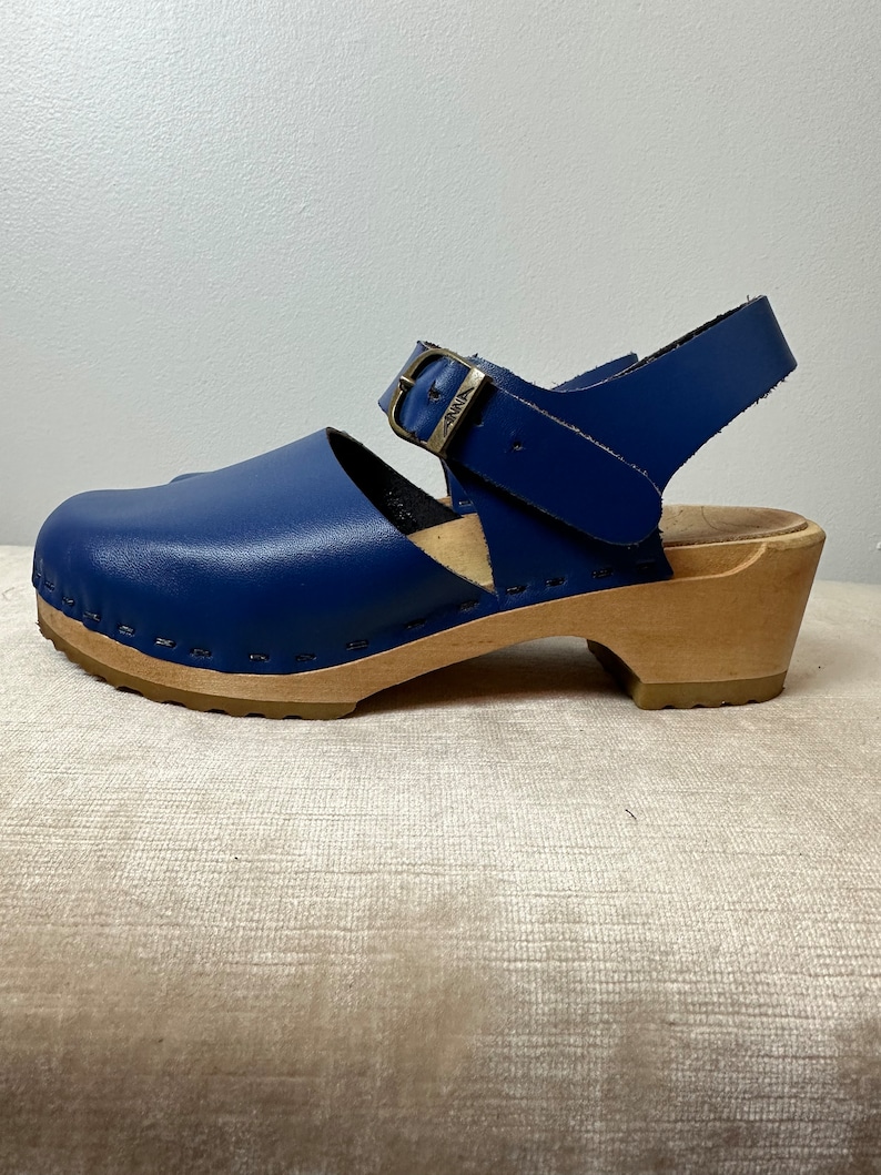 Bright blue Girls leather clogs timeless wooden clogs sandals buckle strap wedges boho style youth size 35 image 3