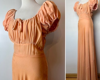 1930’s Velvet gown~ Bias cut floor length light Coral color Puffed sleeves empire cut~ruching~ Old Hollywood glamour ~Size Sm- Med 28”w