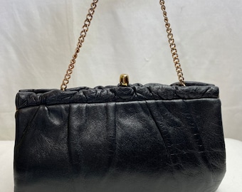 60’s supple & soft black leather clutch purse/wristlet optional Gathered pleated timeless little black bag