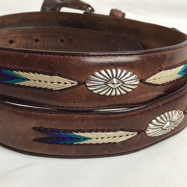 brown leather belt~ southwestern native style blue woven cutouts men’s belt~ size 42 XLG unisex androgynous ~ silver tone buckle