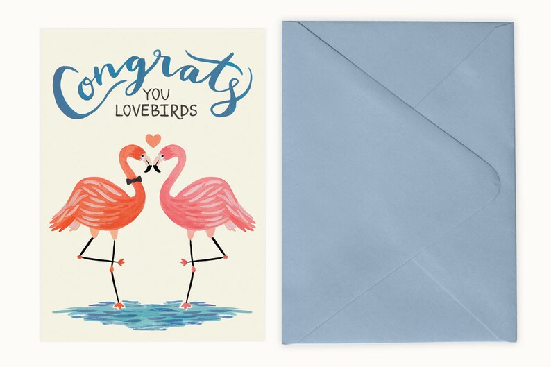 Lovebird Flamingos Wedding Engagement Card Bluebell