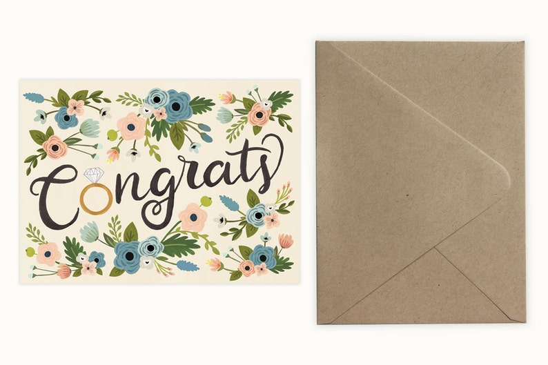 Congrats Ring & Flowers Engagement Card Paper Bag (Kraft)