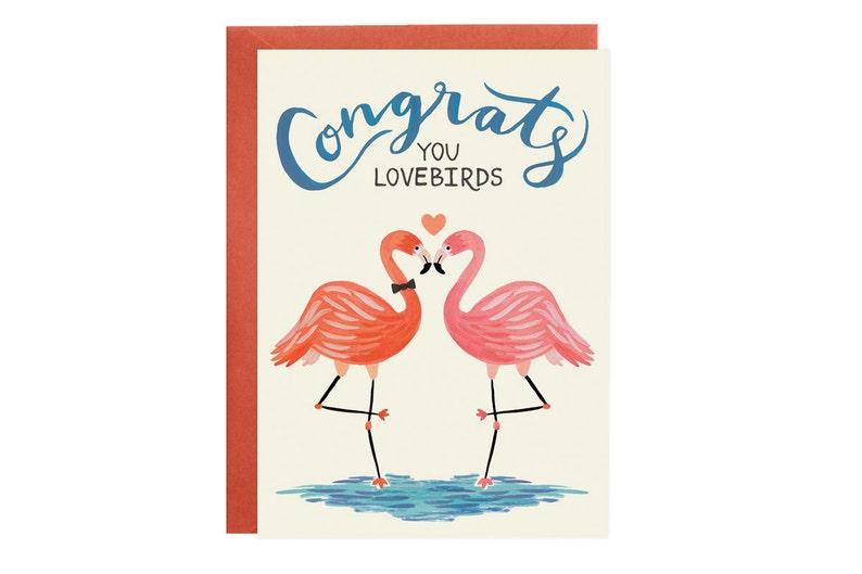 Lovebird Flamingos Wedding Engagement Card image 1