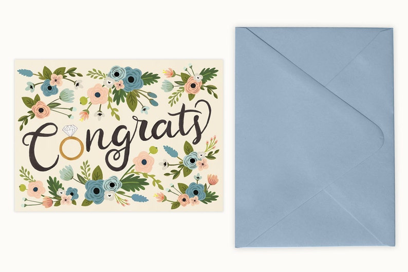 Congrats Ring & Flowers Engagement Card Bluebell