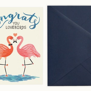 Lovebird Flamingos Wedding Engagement Card Midnight Blue