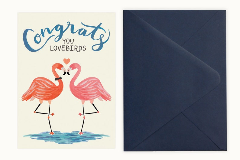 Lovebird Flamingos Wedding Engagement Card Midnight Blue