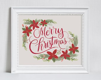 Merry Christmas Floral - Christmas Art Print