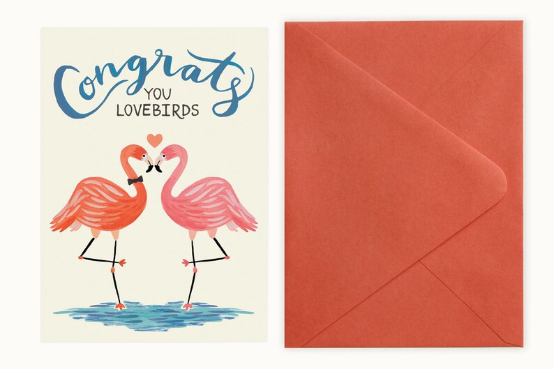 Lovebird Flamingos Wedding Engagement Card Papaya Pink