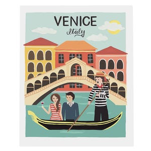 May include: Illustration of Venice, Italy, featuring a gondola with passengers and a gondolier. The scene includes the Rialto Bridge and colorful buildings. The sky is light blue with clouds and a yellow sun. Text at the top reads "VENICE Italy".