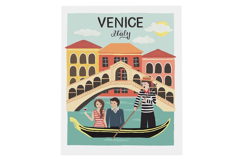 May include: Illustration of Venice, Italy, featuring a gondola with passengers and a gondolier. The scene includes the Rialto Bridge and colorful buildings. The sky is light blue with clouds and a yellow sun. Text at the top reads "VENICE Italy".