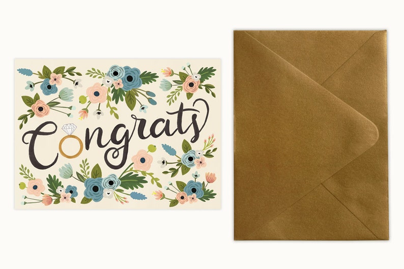 Congrats Ring & Flowers Engagement Card Metallic Gold