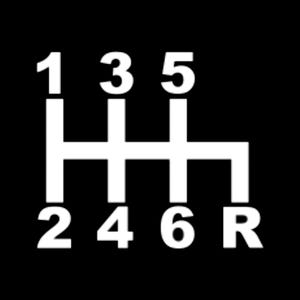 May include: A white six-speed manual transmission gear shift pattern on a black background. The numbers 1 to 6 and the letter R for reverse are clearly visible.