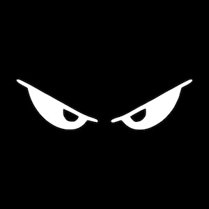 Pode incluir: Olhos brancos de desenho animado com expressão de raiva em fundo preto. Os olhos são estilizados com um design afiado e angular, transmitindo uma sensação de intensidade e foco. A imagem é simples, mas marcante.