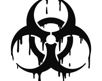 May include: Black biohazard symbol with a dripping effect. The design features three interconnected rings with a central circle, all rendered in solid black against a white background. The dripping effect adds a unique, stylized element to the classic warning sign.