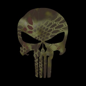 Puede incluir: Un gráfico de calavera con patrón de camuflaje verde y marrón. La calavera es una versión estilizada del logotipo de Punisher.