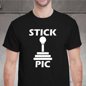 May include: Black t-shirt with a white graphic of a stick shift and the text "STICK PIC".